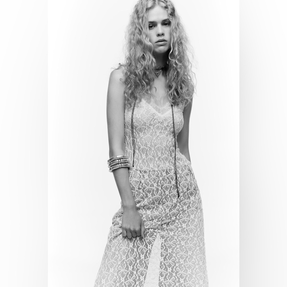 Zara Lace V-neck Semi-Sheer Midi Dress, Cream M NWT - Picture 3 of 16
